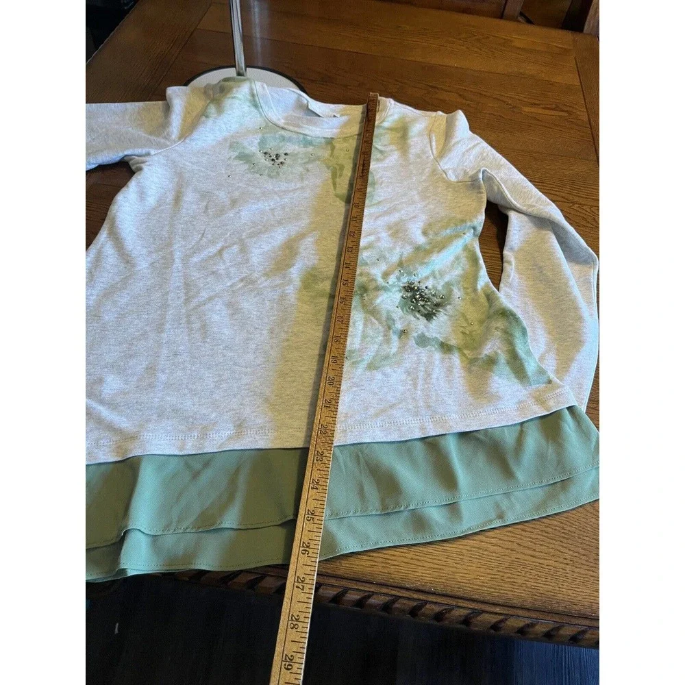 LOGO Lounge Lori Goldstein Women's Top Sz XS Green Watercolor Bedazzled Layered - Picture 8 of 10